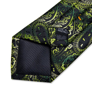 Classic Black Green Floral Silk Necktie Pocket Square Cufflinks Set