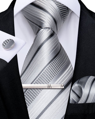 Silver Stripe Silk Necktie Pocket Square Cufflinks Set