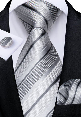 Silver Stripe Silk Necktie Pocket Square Cufflinks Set