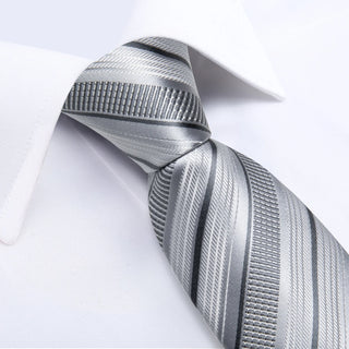 Silver Stripe Silk Necktie Pocket Square Cufflinks Set