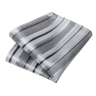 Silver Stripe Silk Necktie Pocket Square Cufflinks Set