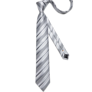 Silver Stripe Silk Necktie Pocket Square Cufflinks Set
