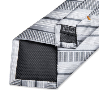 Silver Stripe Silk Necktie Pocket Square Cufflinks Set