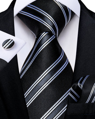 Classic Black White Stripe Silk Necktie Pocket Square Cufflinks Set