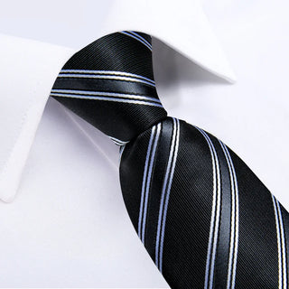 Classic Black White Stripe Silk Necktie Pocket Square Cufflinks Set