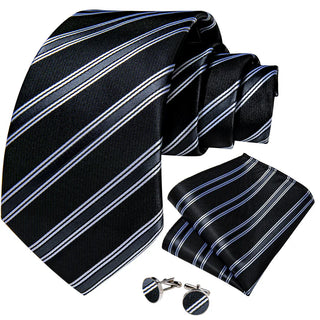 Classic Black White Stripe Silk Necktie Pocket Square Cufflinks Set