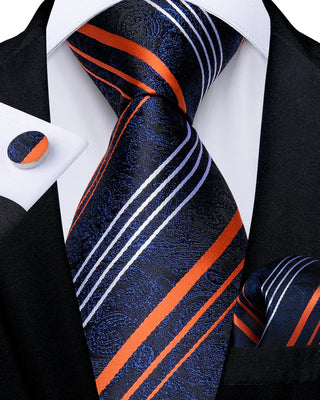 Classic Orange White Stripe Floral Silk Necktie Pocket Square Cufflinks Set