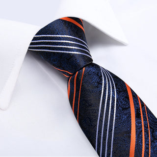 Classic Orange White Stripe Floral Silk Necktie Pocket Square Cufflinks Set