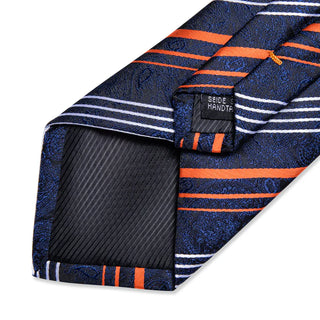 Classic Orange White Stripe Floral Silk Necktie Pocket Square Cufflinks Set