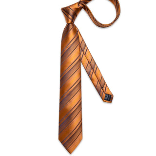 Orange Brown Striped Silk Soft Men's Necktie Pocket Square Cufflinks Set