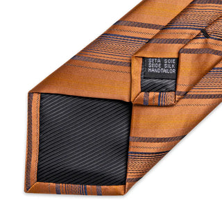 Orange Brown Striped Silk Soft Men's Necktie Pocket Square Cufflinks Set
