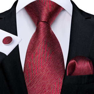 Solid Red Silk Necktie Pocket Square Cufflinks Set