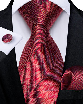 Solid Red Silk Necktie Pocket Square Cufflinks Set