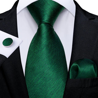 New Solid Green Silk Necktie Pocket Square Cufflinks Set