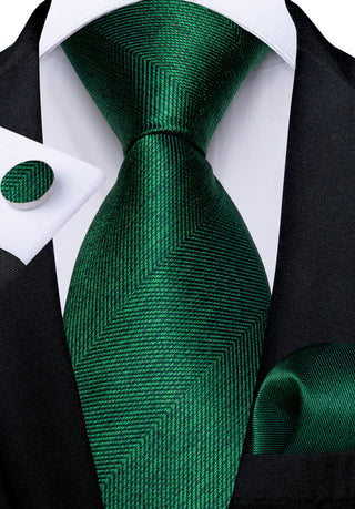 New Solid Green Silk Necktie Pocket Square Cufflinks Set