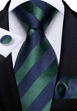 New Blue Green Stripe Silk Men's Necktie Pocket Square Cufflinks Set