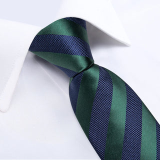 New Blue Green Stripe Silk Men's Necktie Pocket Square Cufflinks Set