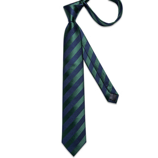 New Blue Green Stripe Silk Men's Necktie Pocket Square Cufflinks Set