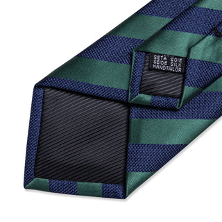 New Blue Green Stripe Silk Men's Necktie Pocket Square Cufflinks Set
