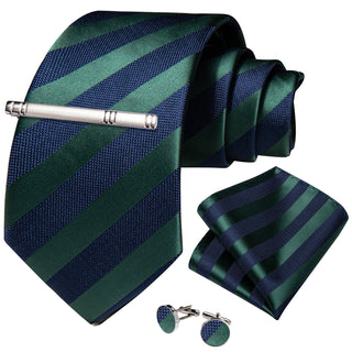 New Blue Green Stripe Silk Men's Necktie Pocket Square Cufflinks Set