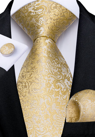 Yellow Floral Silk Necktie Pocket Square Cufflinks Set