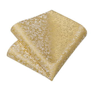 Yellow Floral Silk Necktie Pocket Square Cufflinks Set