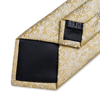 Yellow Floral Silk Necktie Pocket Square Cufflinks Set
