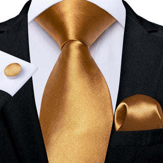 Golden Solid Silk Necktie Pocket Square Cufflinks Set