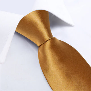 Golden Solid Silk Necktie Pocket Square Cufflinks Set