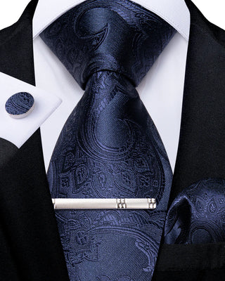 Midnight Blue Floral Silk Necktie Pocket Square Cufflinks Set