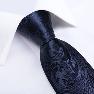 Midnight Blue Floral Silk Necktie Pocket Square Cufflinks Set