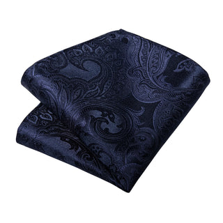 Midnight Blue Floral Silk Necktie Pocket Square Cufflinks Set