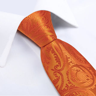 New Orange Floral Silk Necktie Pocket Square Cufflinks Set