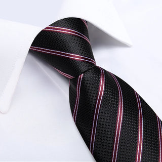 Black White Burgundy Striped Silk Necktie Pocket Square Cufflinks Set
