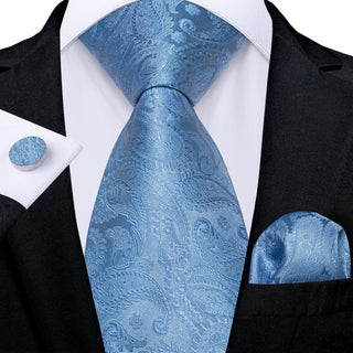 Blue Paisley Silk Necktie Pocket Square Cufflinks Set