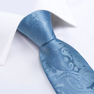 Blue Paisley Silk Necktie Pocket Square Cufflinks Set