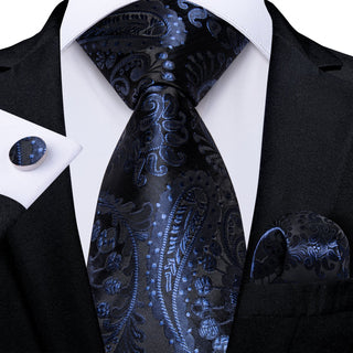 New Dark Blue Paisley Silk Necktie Pocket Square Cufflinks Set