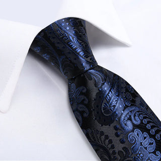 New Dark Blue Paisley Silk Necktie Pocket Square Cufflinks Set