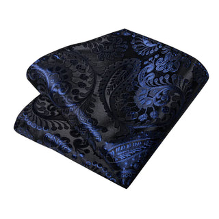 New Dark Blue Paisley Silk Necktie Pocket Square Cufflinks Set