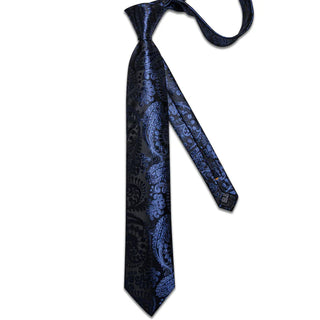 New Dark Blue Paisley Silk Necktie Pocket Square Cufflinks Set