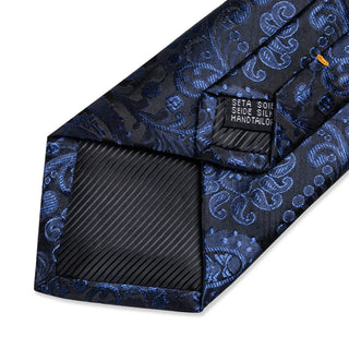 New Dark Blue Paisley Silk Necktie Pocket Square Cufflinks Set