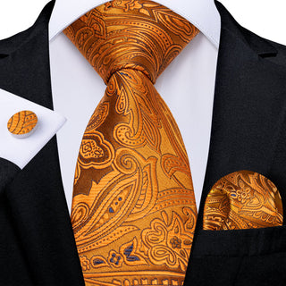 New Luxury Golden Floral Silk Necktie Pocket Square Cufflinks Set