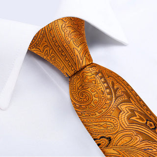 New Luxury Golden Floral Silk Necktie Pocket Square Cufflinks Set