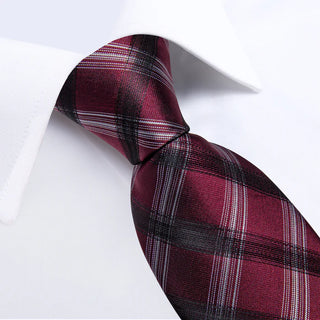 Red Black White Striped Silk Necktie Pocket Square Cufflinks Set