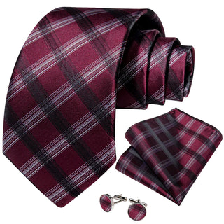 Red Black White Striped Silk Necktie Pocket Square Cufflinks Set
