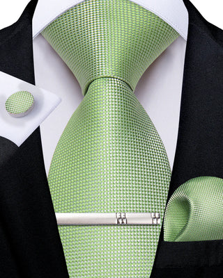 New Solid Green Silk Necktie Pocket Square Cufflinks Set