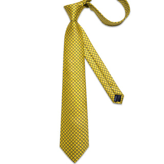 Black Yellow Plaid Silk Necktie Pocket Square Cufflinks Set