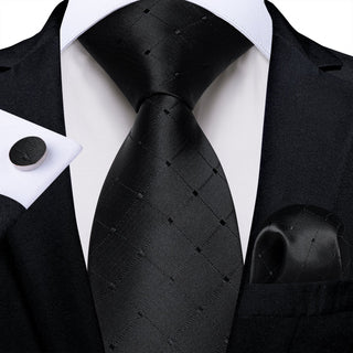 Black Dot Plaid Silk Necktie Pocket Square Cufflinks Set