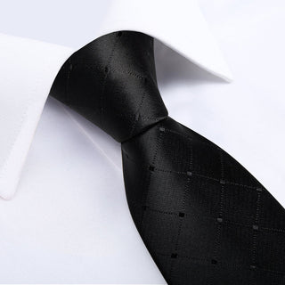 Black Dot Plaid Silk Necktie Pocket Square Cufflinks Set