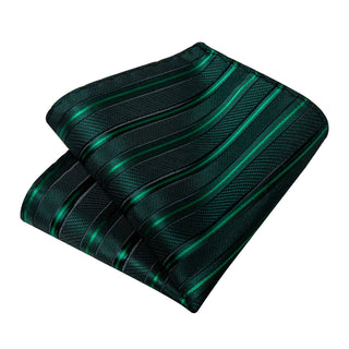 Black Green Striped Silk Necktie Pocket Square Cufflinks Set